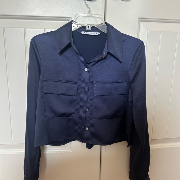 Zara Midnight Blue Satin Button-Up Shirt - Picture 6 of 6